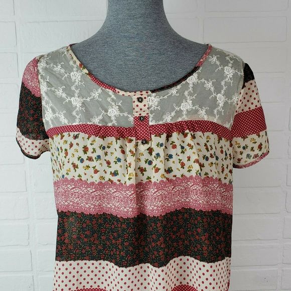 Papaya Peasant Blouse Medium Sheer Thin Lace Print - Picture 2 of 10